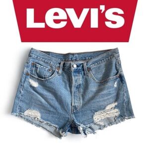 Levi's 501 Medium Blue Denim Button Fly High Rise Cut Off Shorts